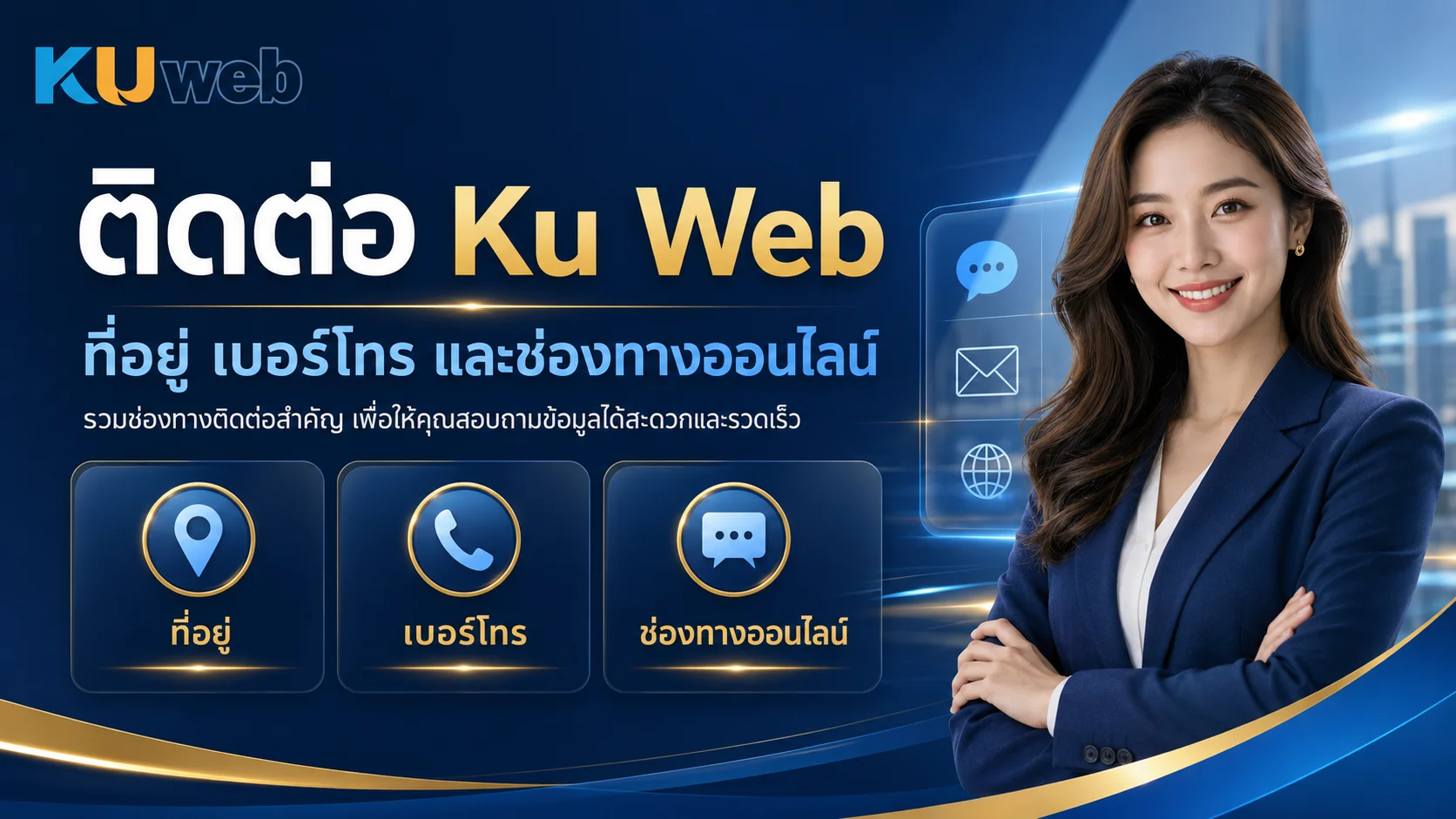 แบนเนอร์ติดต่อ Ku Web พร้อมข้อมูลที่อยู่ เบอร์โทร และช่องทางออนไลน์